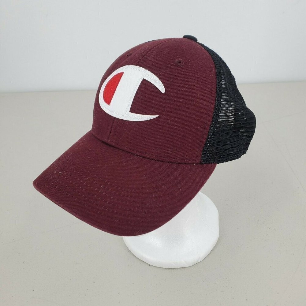 CHAMPION Snapback Trucker Hat Maroon White Red Large C‎ Logo One Size
